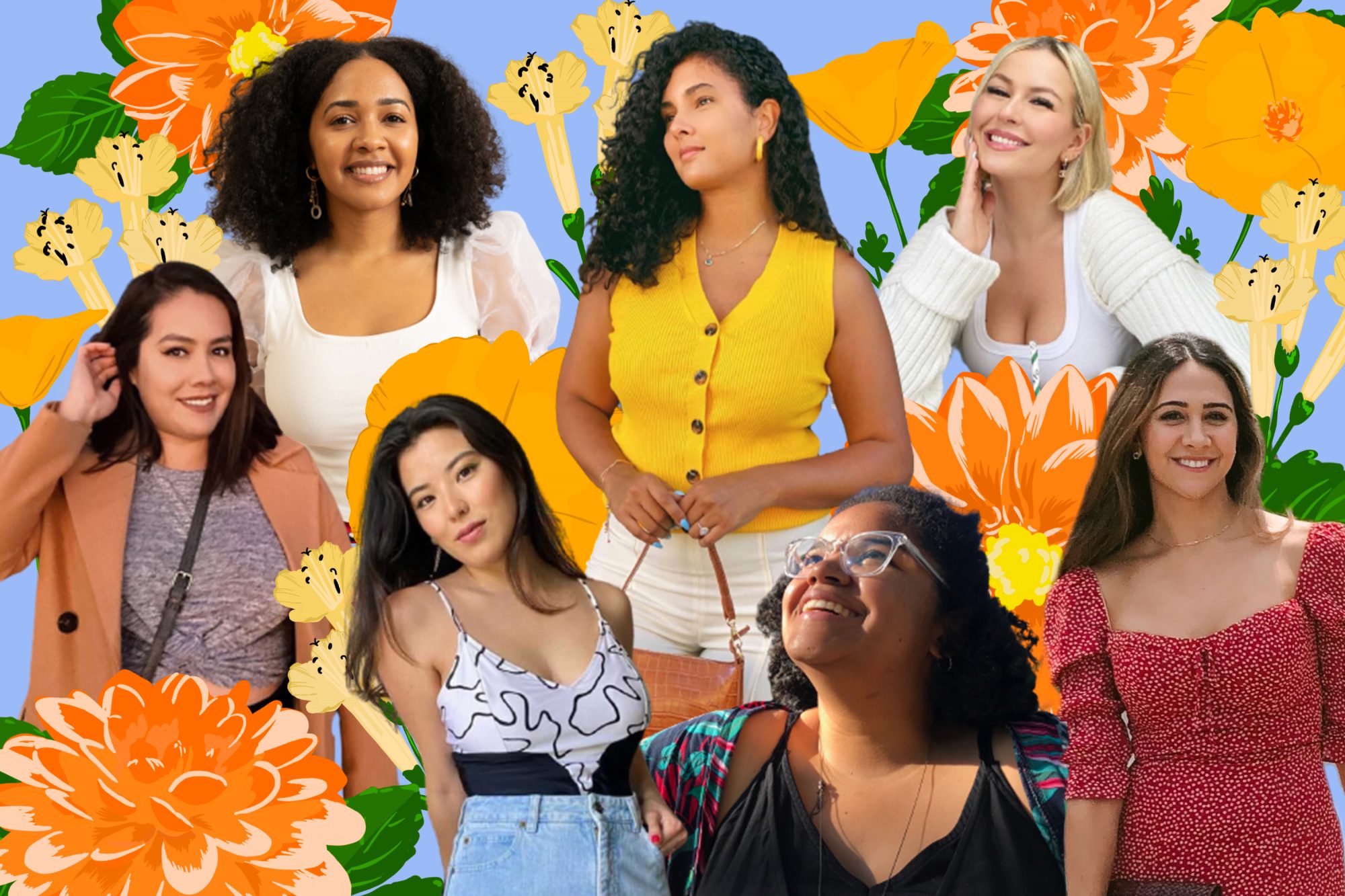 Graphic of seven women against a floral background.