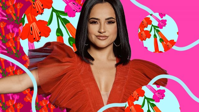 Graphic of Becky G against floral background.