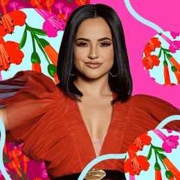 Graphic of Becky G against floral background.