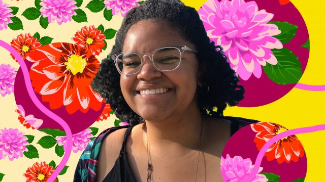 Graphic of woman smiling against floral background.