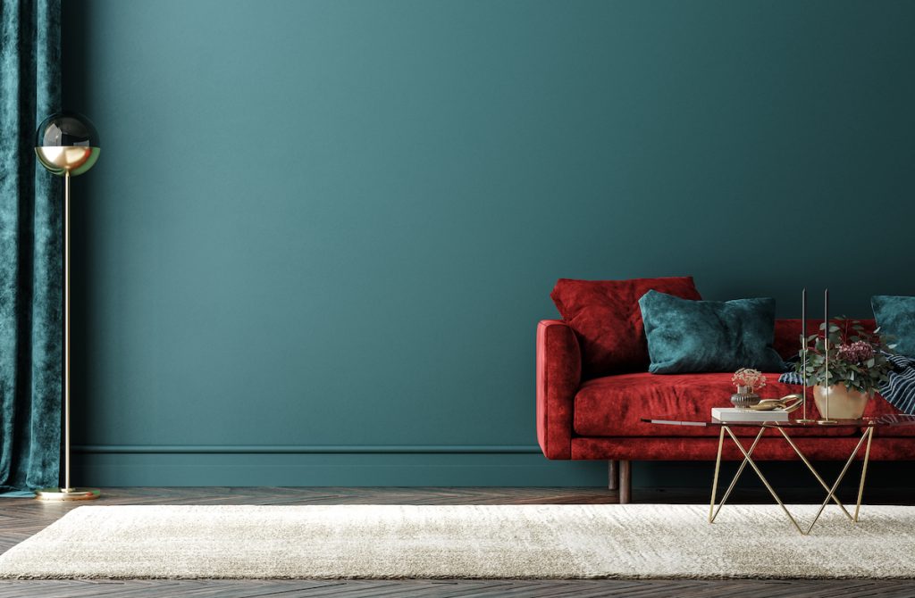 green room red couch in a home