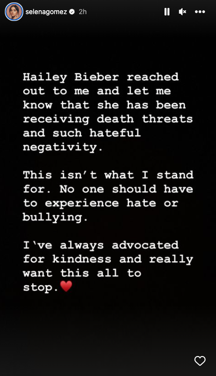Selena Gomez Insta Story Screenshot